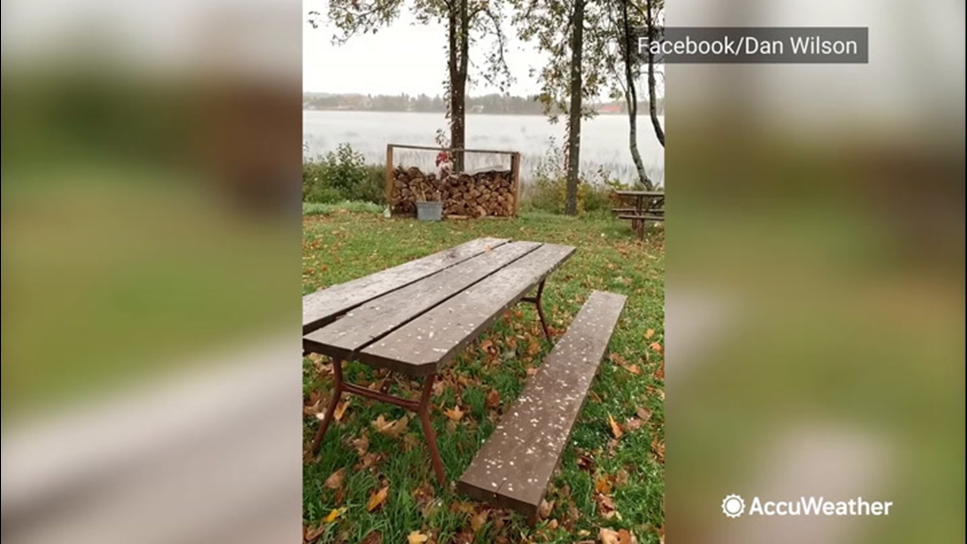 Cold morning temperatures led to this snowy view at the shore of Sunday Lake in Wakefield, Michigan, on Oct. 2.