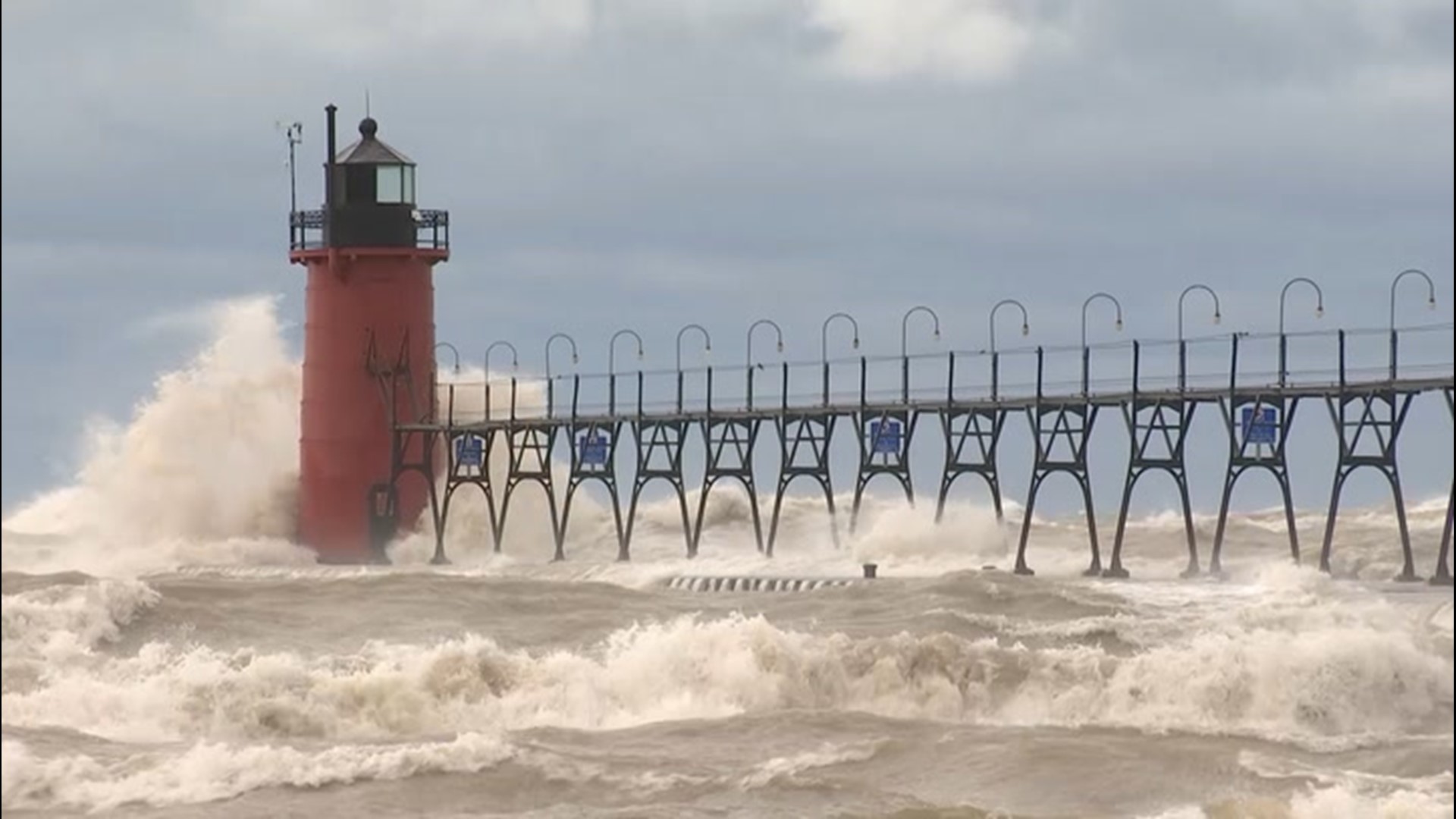 Powerful winds on March 6, kicked up monstrous waves that washed over barriers and walkways around the coast of South Haven, Michigan.