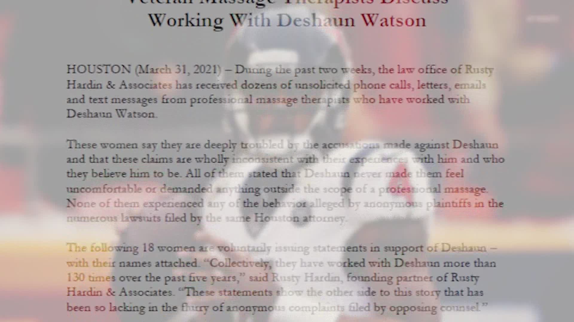 "He was respectful in every session," one woman said. "I never had any issues with him being inappropriate." The statements were released by attorney Rusty Hardin.