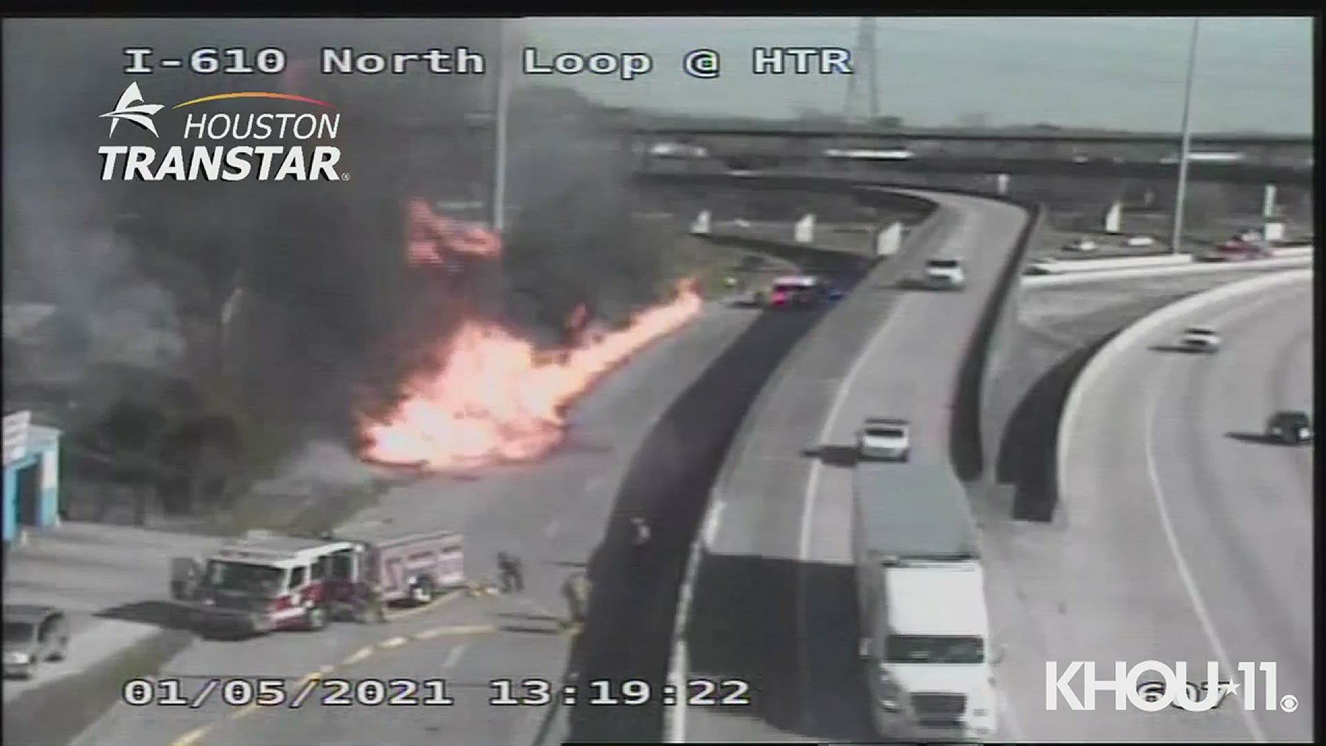 At least one person died during a fiery crash  on the North Loop East service road near the Hardy Toll Road.
