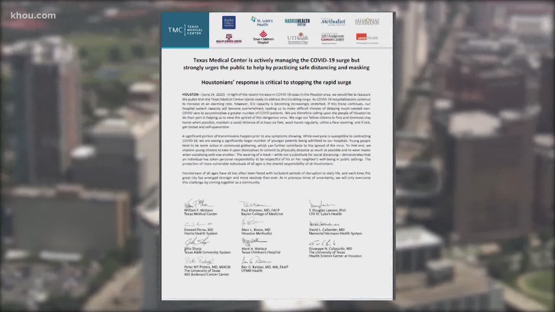 In a letter to everyone in Greater Houston, med center leaders wrote it's a critical time for Houston as COVID-19 cases rise.