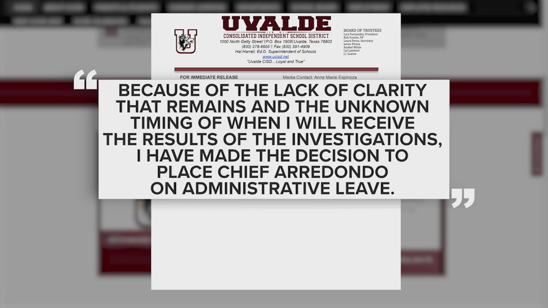 Arredondo has been under scrutiny for the better part of a month as investigators work to piece together the details of law enforcement's response at Robb.