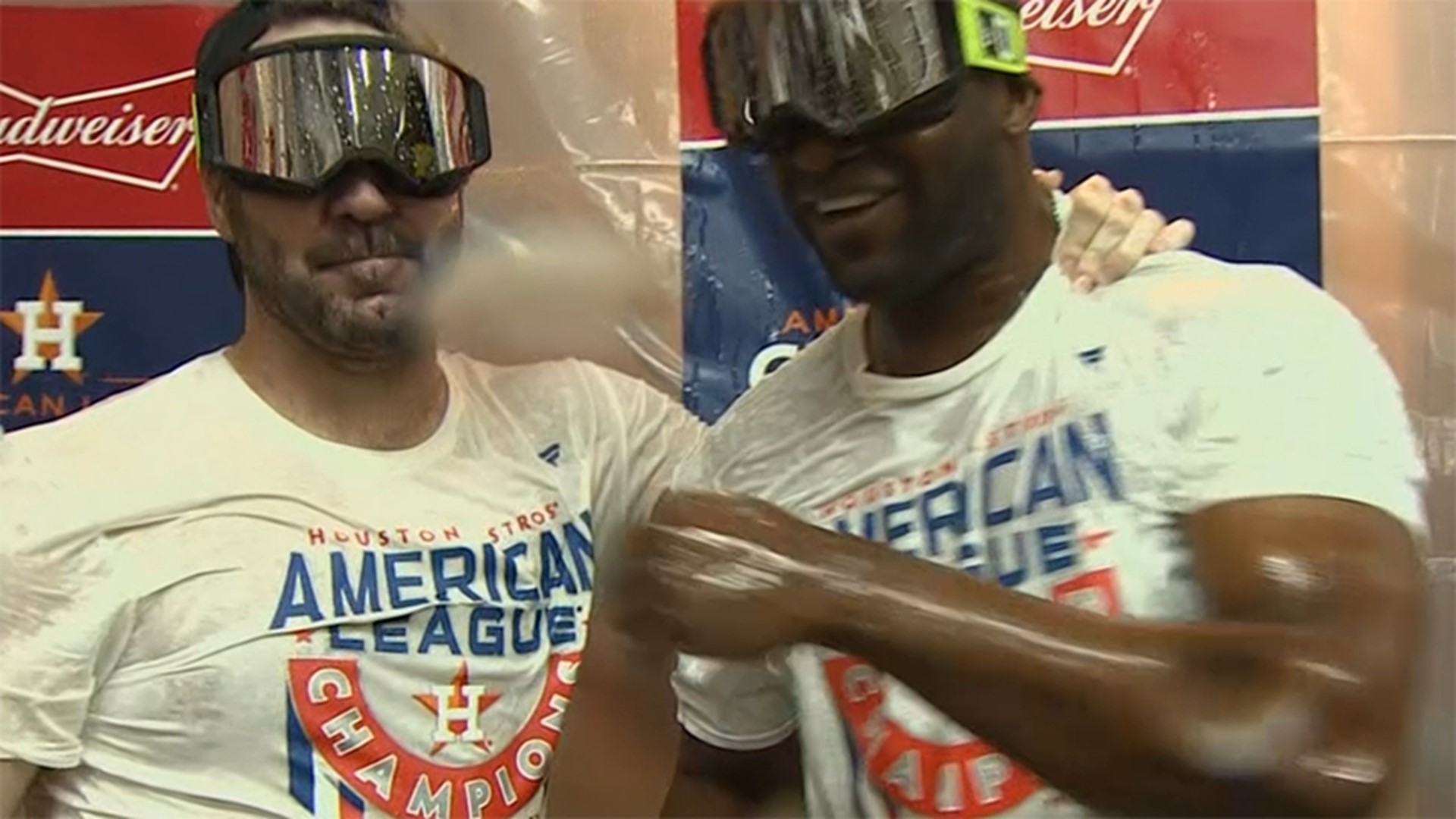 The Houston Astros are going back to the World Series for the fourth time in six years. They celebrated with champagne showers, hugs and high-fives.