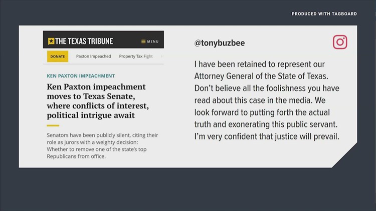 Post on Tony Buzbee’s Instagram account that said he’d be representing Ken Paxton in impeachment trial deleted