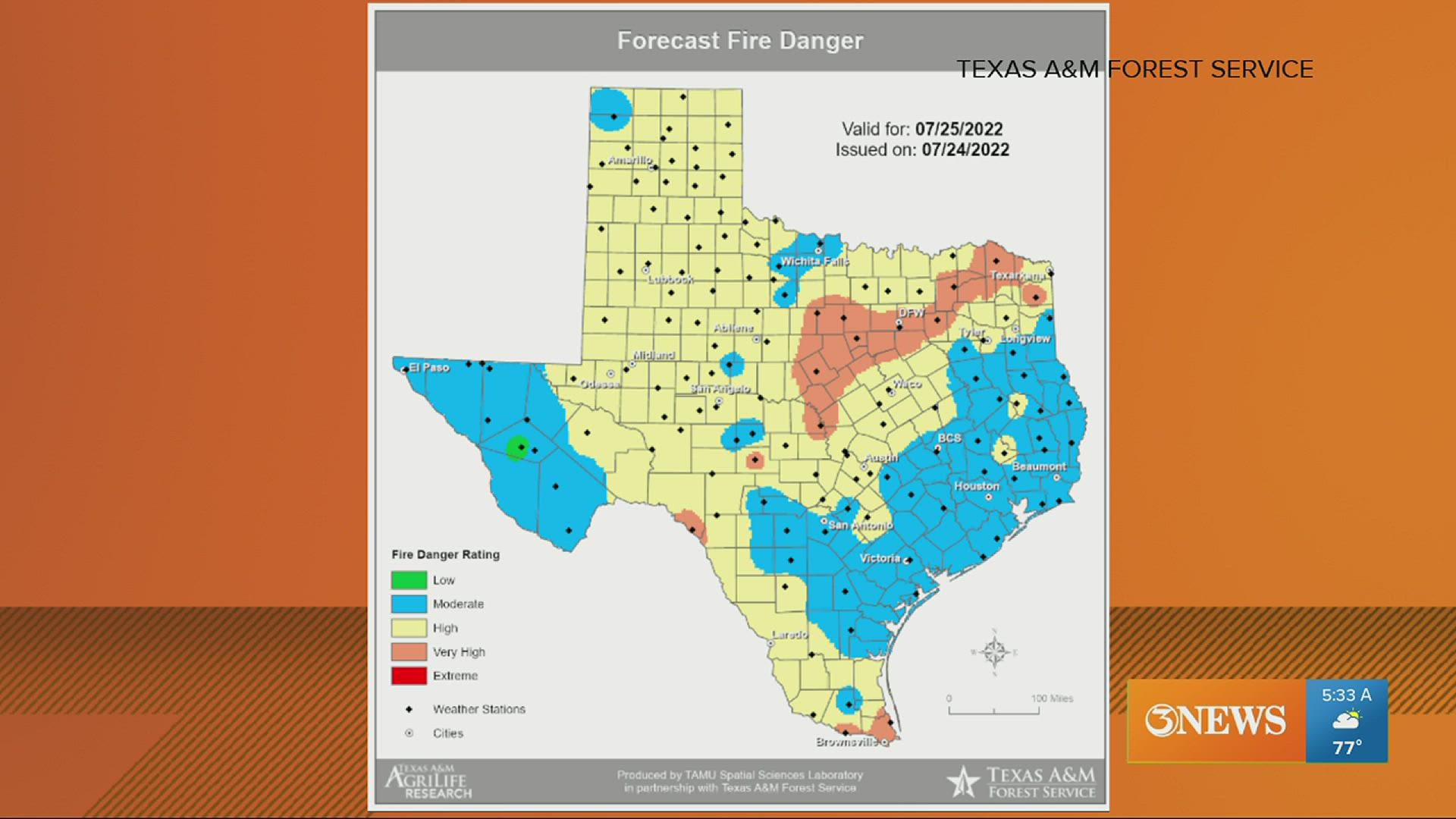 The Texas A&M Forest Service released a map of wildfire danger across Texas,
