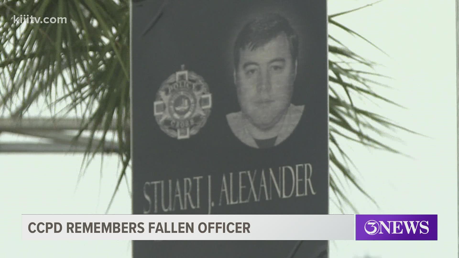 Lt. Stuart J. Alexander was intentionally hit by a fleeing felon during a vehicle pursuit while deploying road spikes along SH 358 near Agnes St on March 11, 2009.