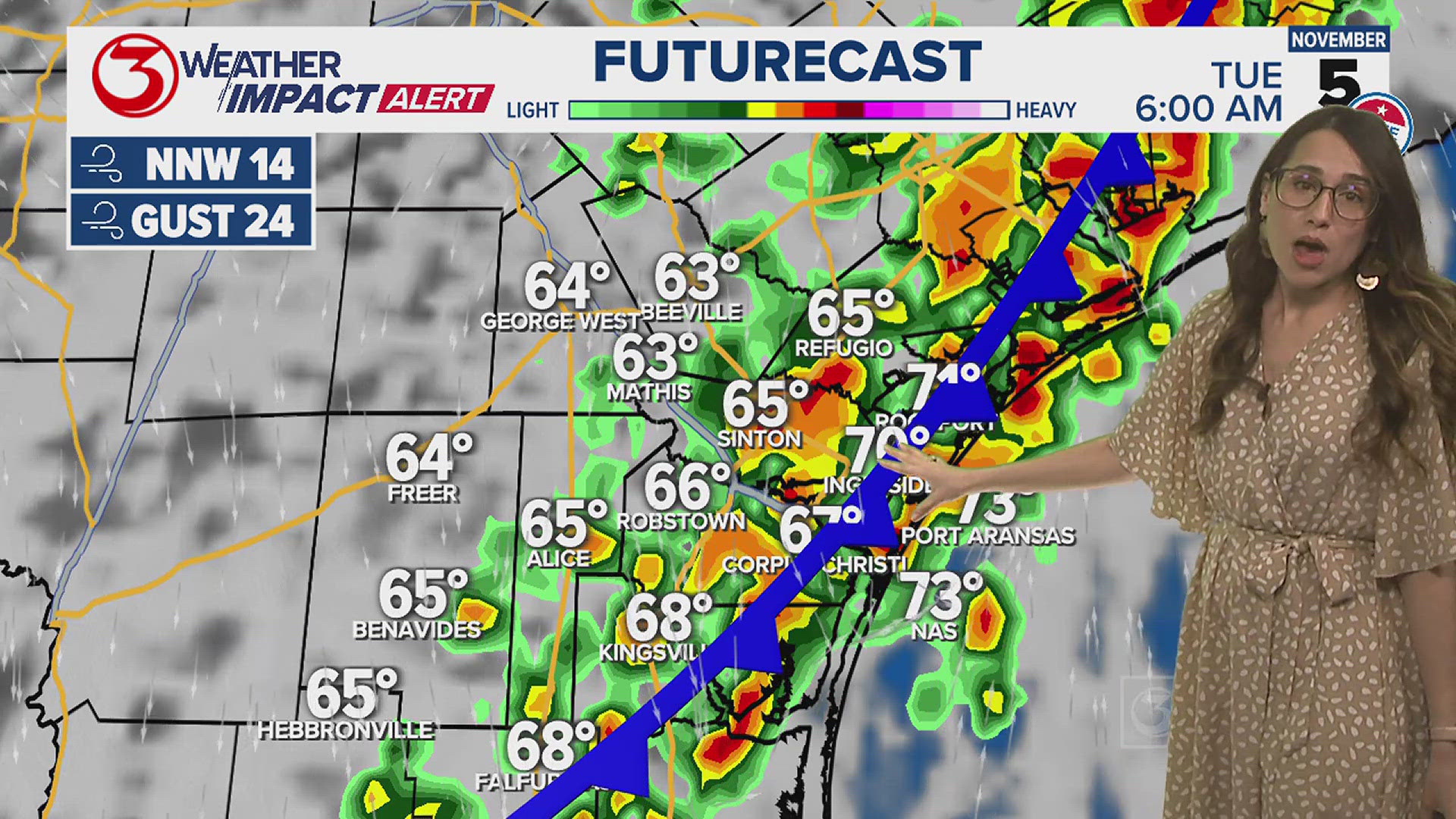 Tuesday morning's rain chances have prompted a Weather Impact day. Behind the front, afternoon temperatures will struggle to reach 80.