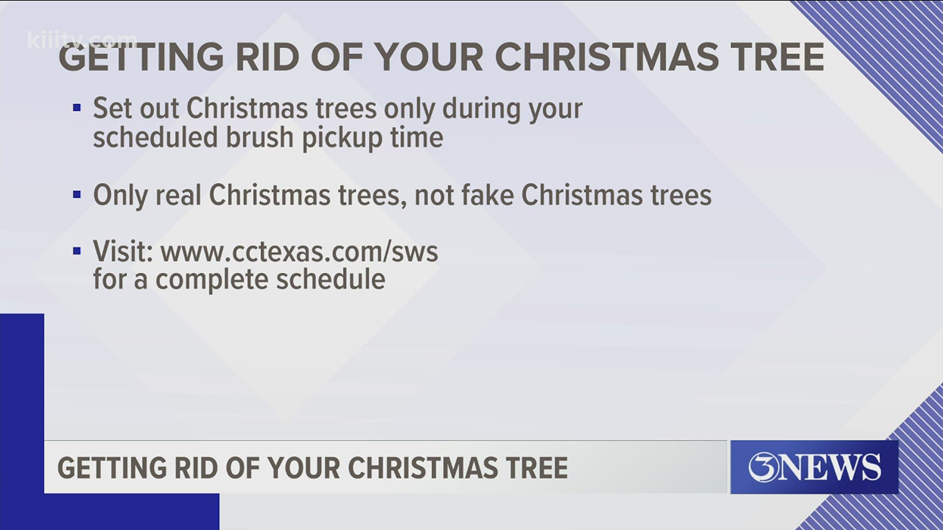 The city's solid waste department is asking folks to set out their Christmas trees only during your area's scheduled brush pickup times.