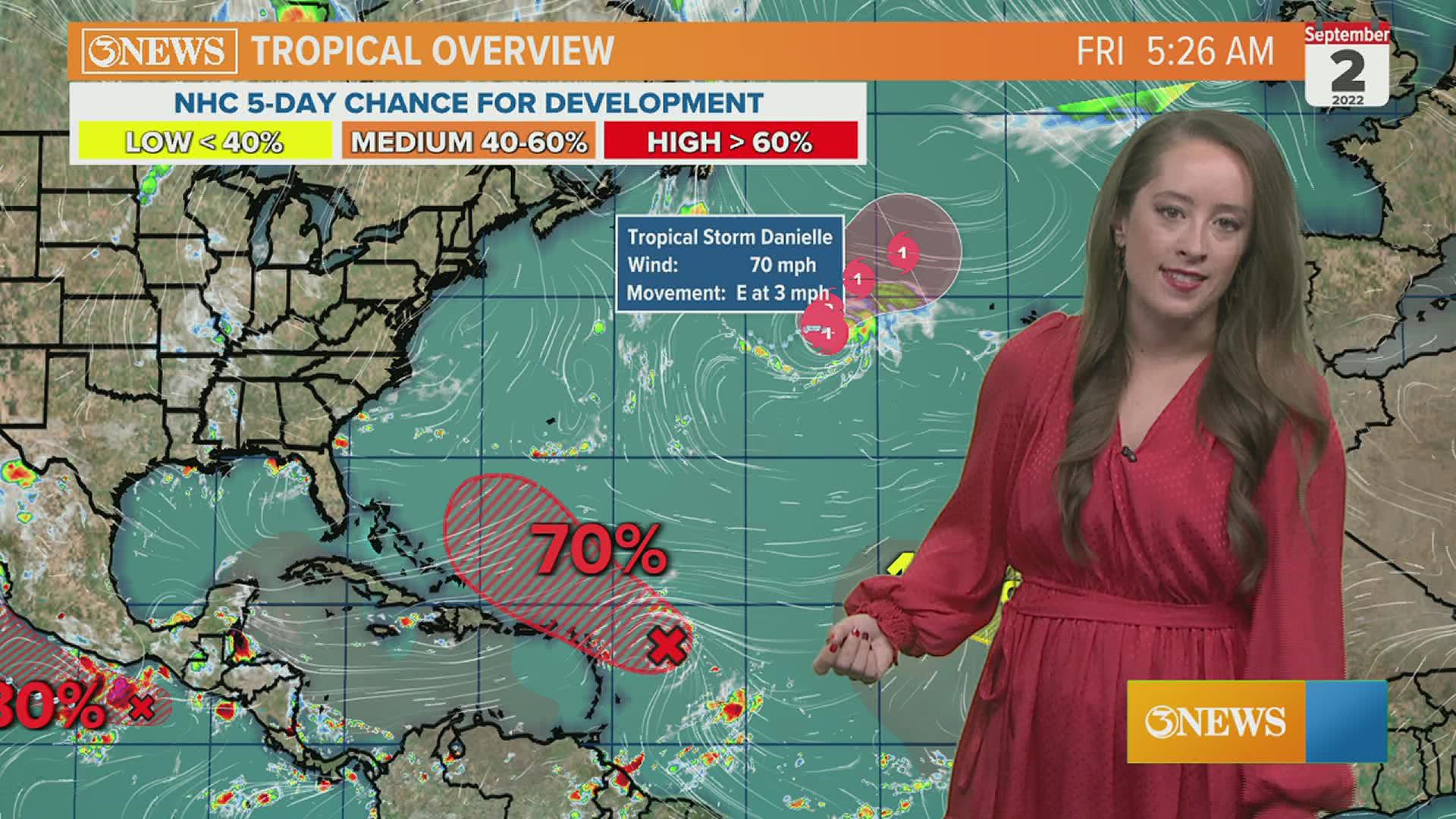 Tropical Storm Danielle likely to become the fist Hurricane of the season.