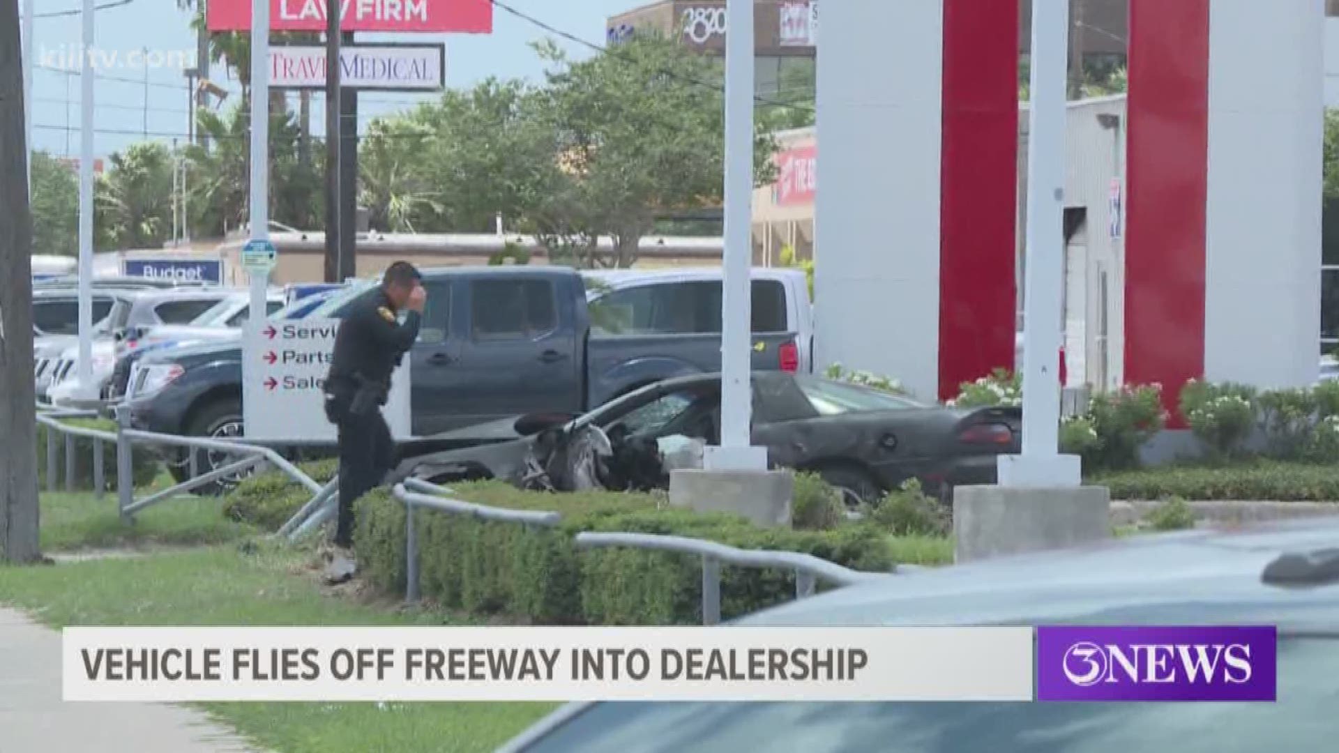 According to authorities, a driver in his 20s drove off the freeway in front of the Ed Hicks Nissan dealership, crashing into one of their display cars.