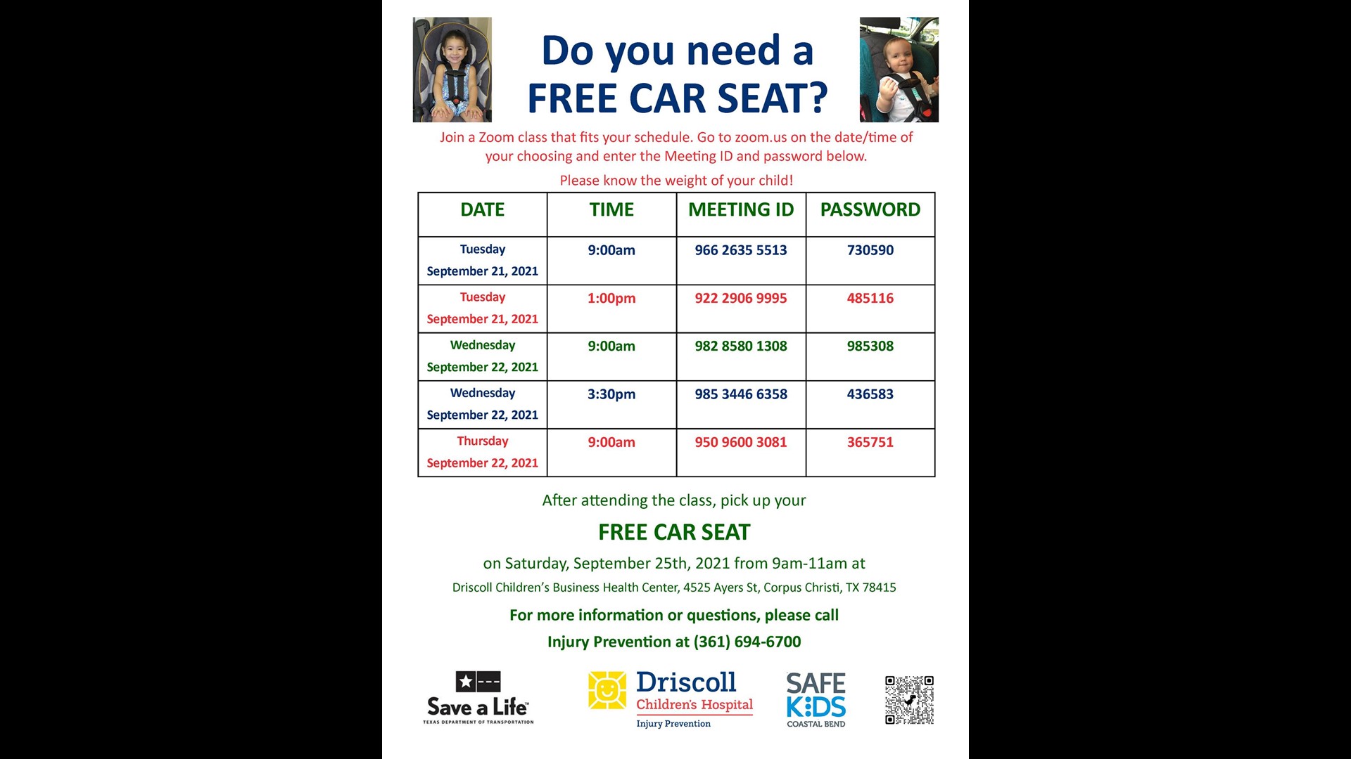 Driscoll Children's Hospital offering free child car seats