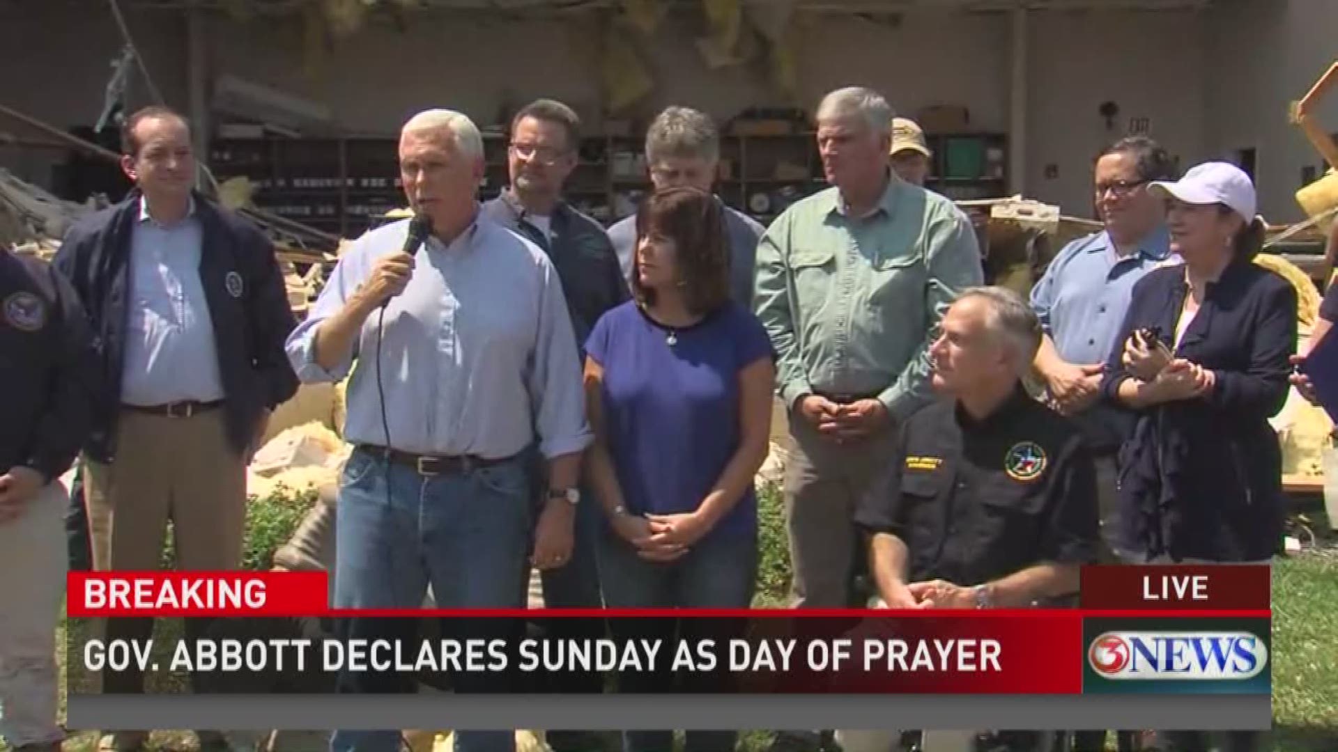 Vice President Mike Pence and Governor Greg Abbott spoke to crowds outside First Baptist Church in Rockport, Texas.