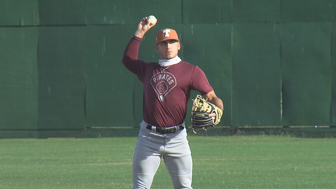 Sinton High School Pirates Fanthread™ Men's Away Pinstripe Baseball Jersey