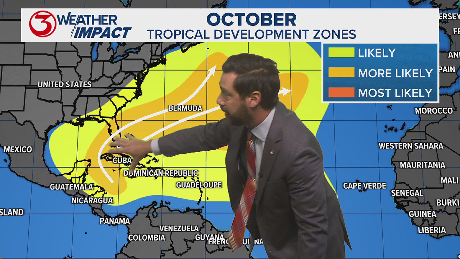 Oscar expected to turn back into the Atlantic as a weakening tropical storm. We are watching the Western Caribbean for possible development over the next few weeks.