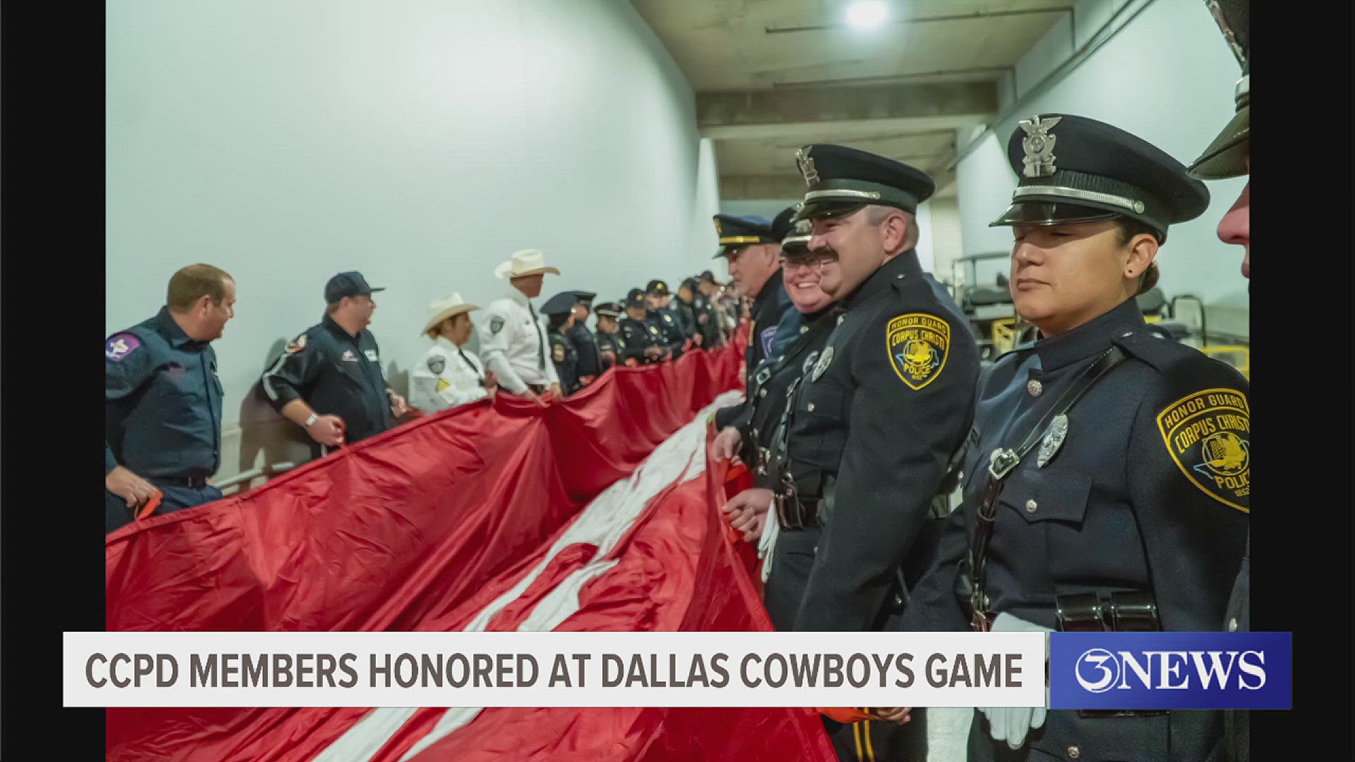 Four CCPD honor guard members joined hundreds of police officers, firefighters, and EMS personnel from across the lone star state for the game as part of a Dallas Co