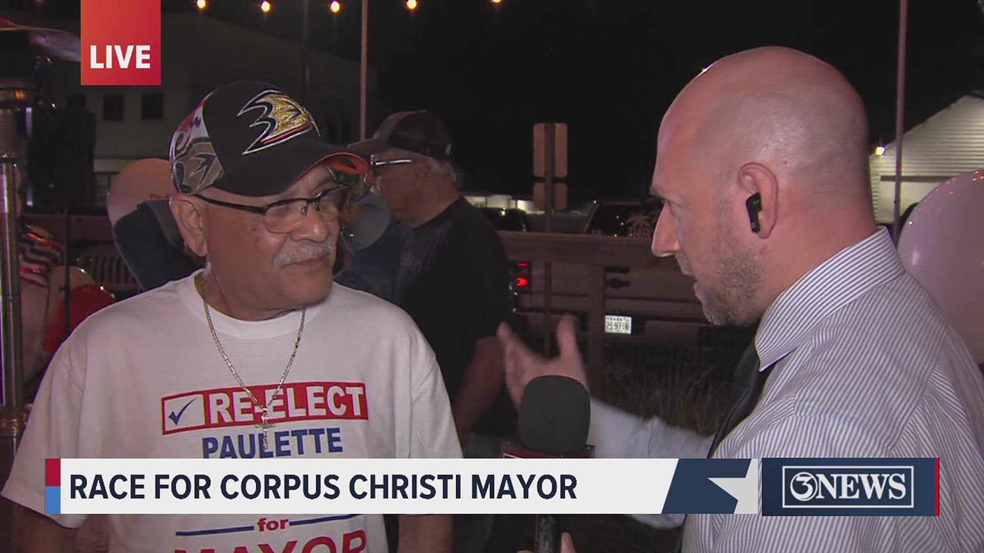 Bill Churchwell talks to supporters of Mayor Guajardo's at her watch party. 