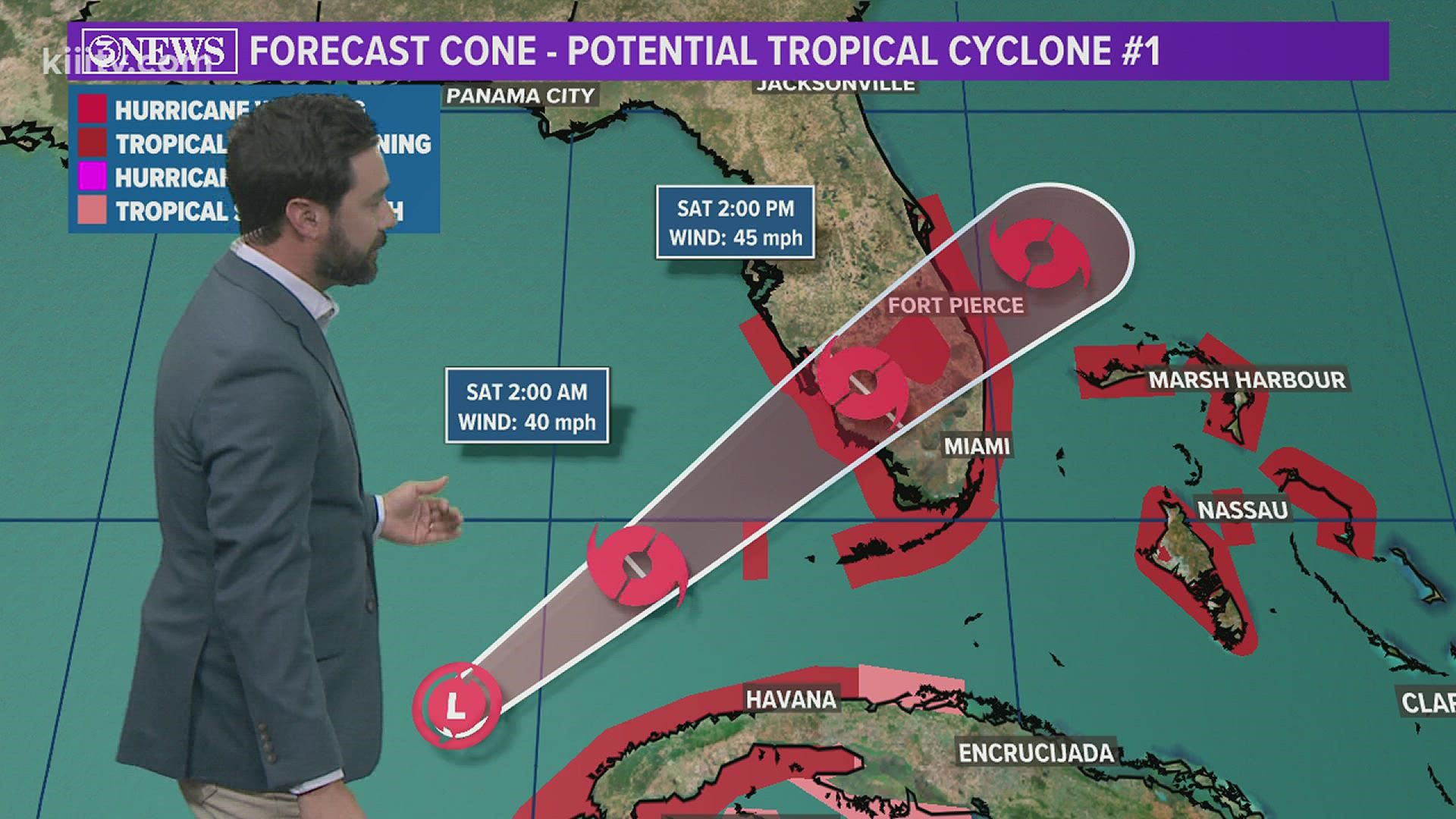 Potential Tropical Cyclone 1 is headed for Florida this weekend, where it's forecast to make landfall as a tropical storm, Saturday. Heavy rain the primary threat.