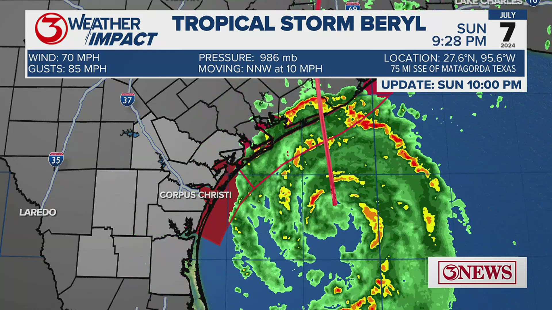 The tropical storm is making its way to the eastern parts of Matagorda County on Sunday evening.