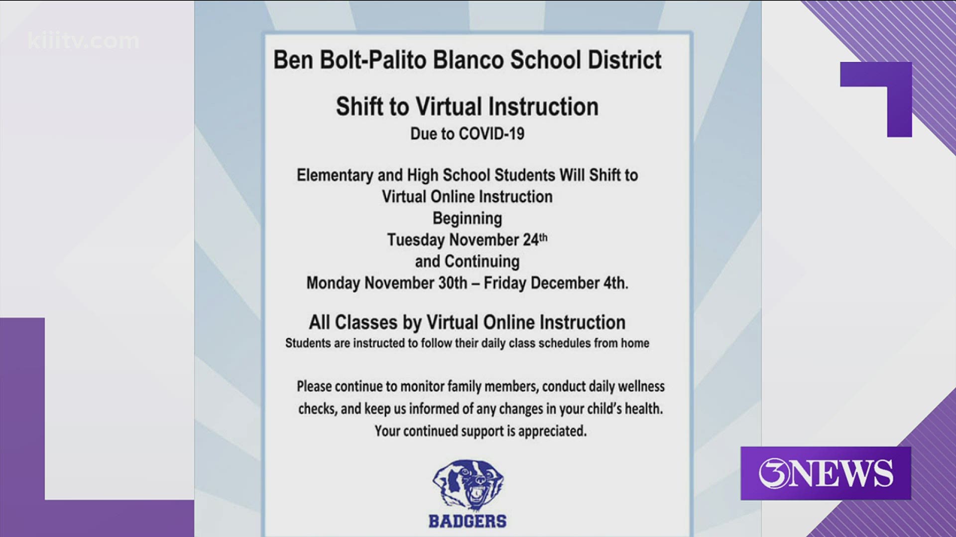 Students will shift to virtual learning until Dec. 7.