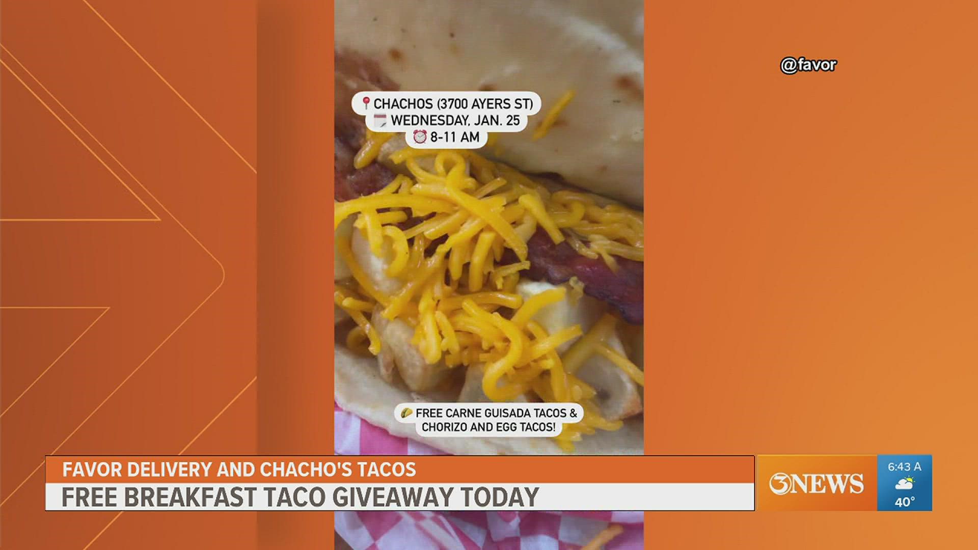 Wednesday morning, Corpus Christi residents can get two free breakfast tacos each at Chaco's Tacos from 8-11 a.m.