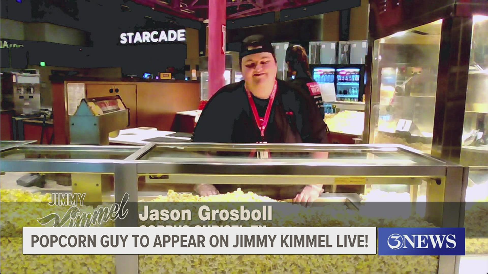 Viral TikTok sensation Jason Grosboll, better known as "Popcorn Guy" got the remote invitation to be on Jimmy Kimmel Live Wednesday.