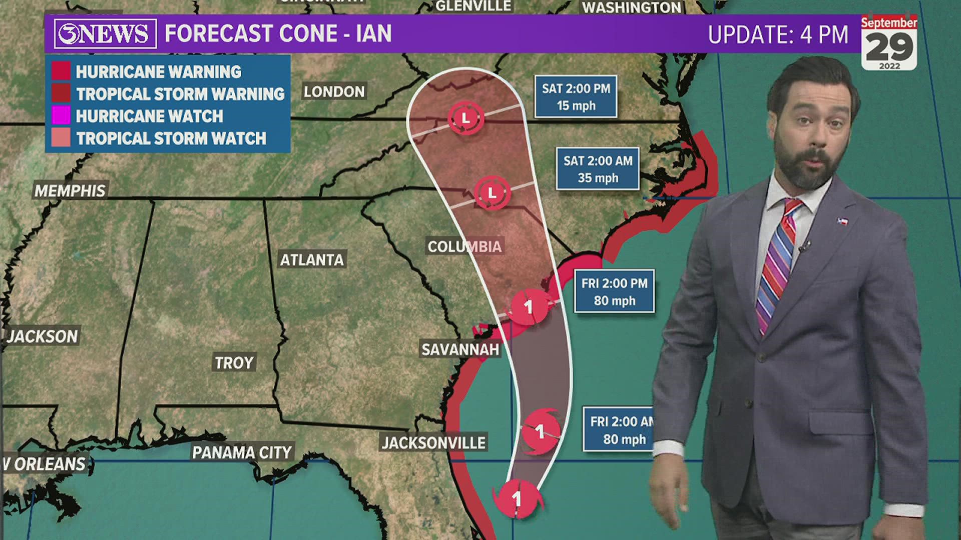 Ian will regain hurricane status in the SW Atlantic and make a third landfall in South Carolina, near Charleston, Friday