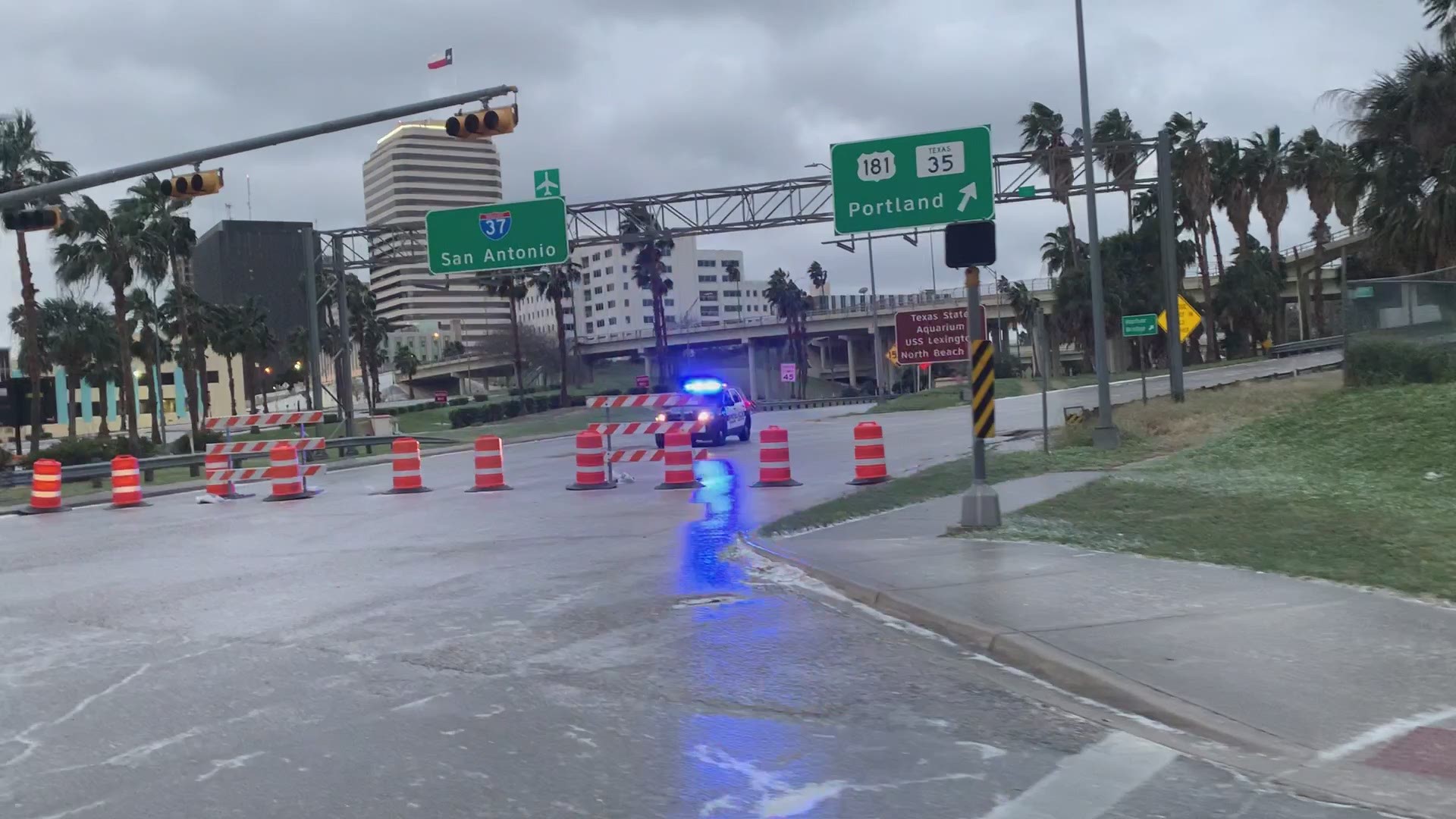 Icy conditions have shut down many bridges, including the Harbor Bridge.