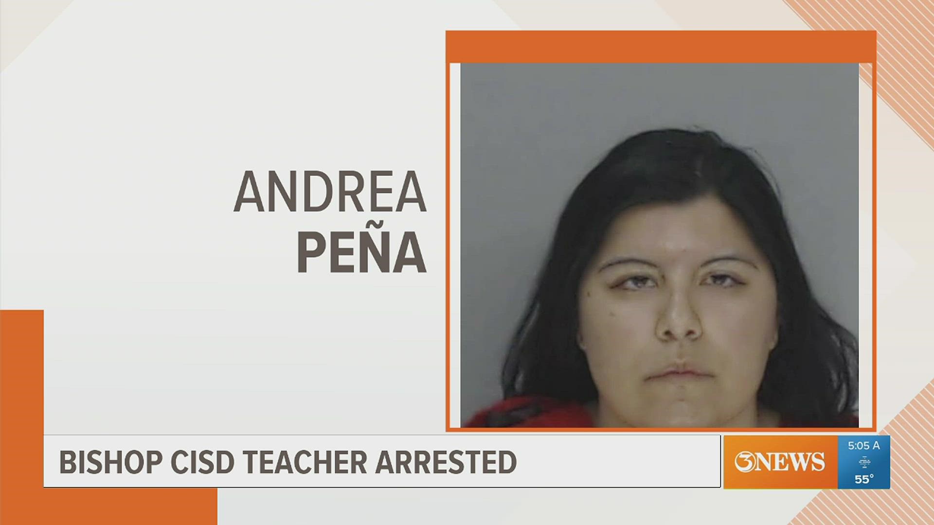 Former Bishop CISD teacher Andrea Peña, 28, is in the Nueces County Jail on a $210,000 bond, officials said.