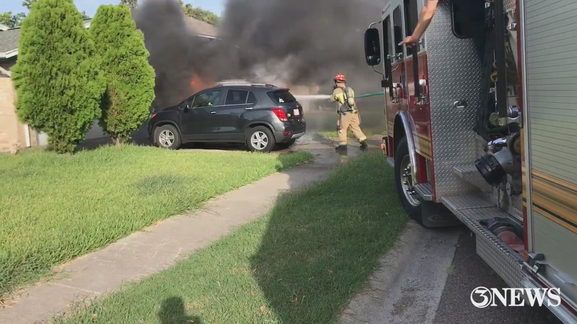 Corpus Christi firefighters responded to a vehicle fire Tuesday morning that was very close to a residence.