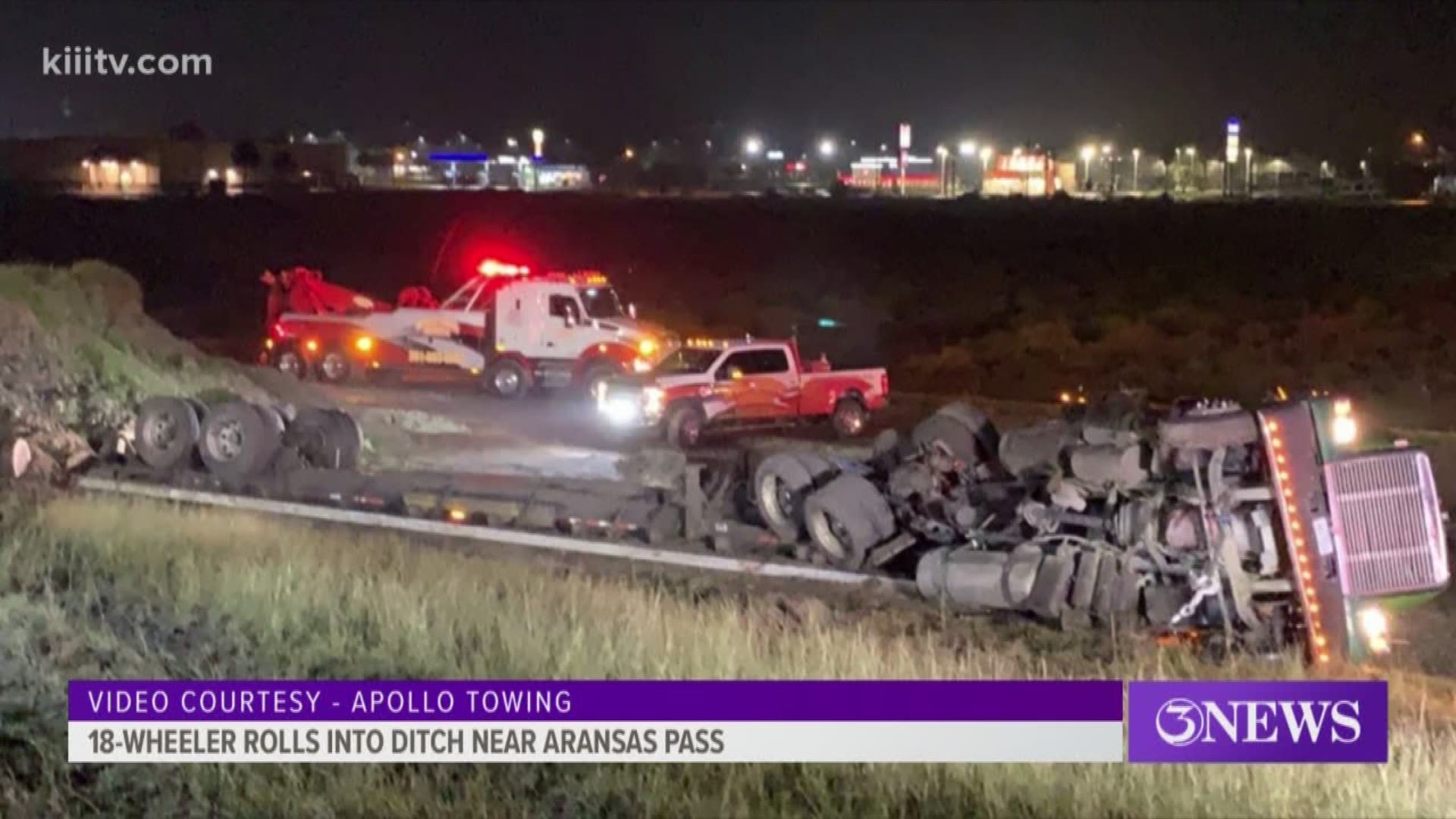 Wet roads could be to blame for an 18-wheeler that ended up in a ditch near Aransas Pass Thursday.