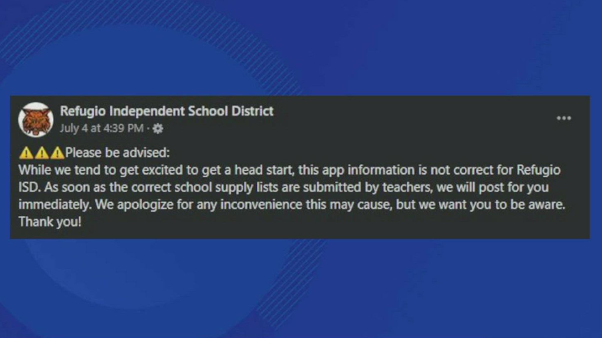 Refugio ISD warns parents of potentially wrong school supply list