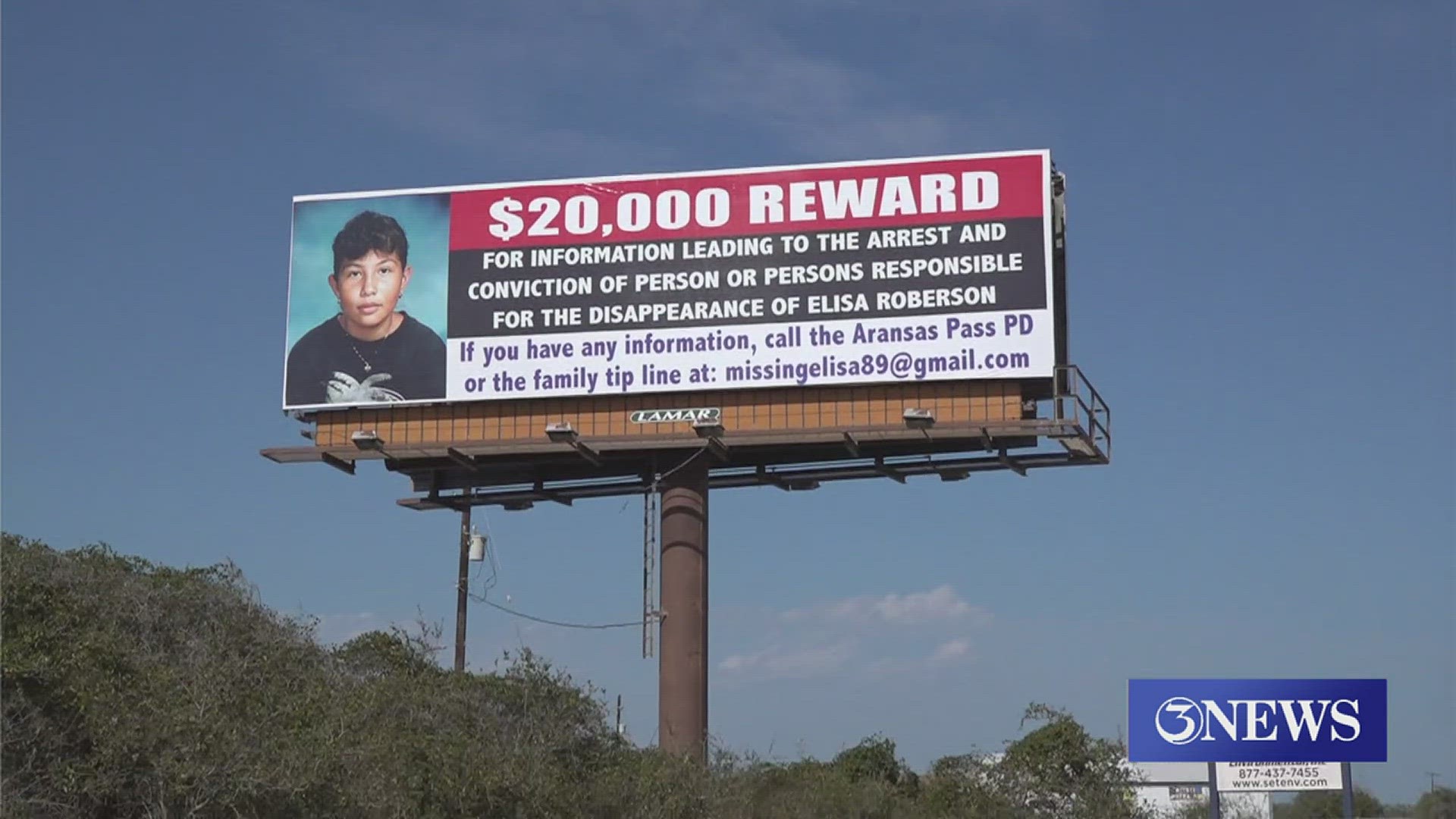 A billboard at the Highway 35 bypass shows an increase in the reward for Elisa Roberson's case.