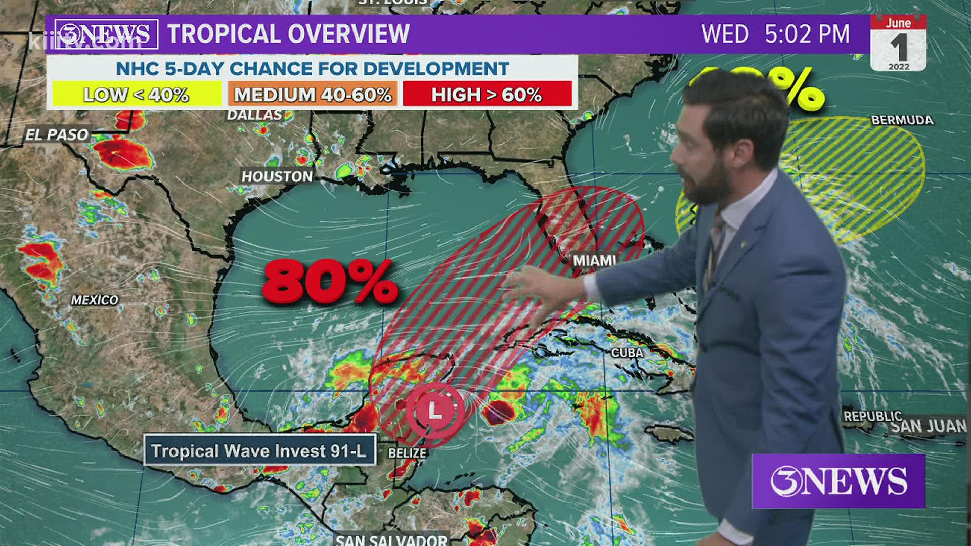 Invest 91L has an 80% chance to develop over the next 5 days as it drifts northeast, toward Florida.