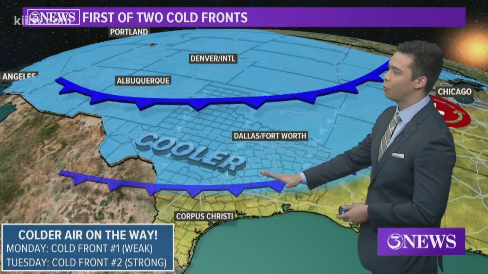 First cold front will be weak pushing in Monday. Second cold front will be stronger pushing in Tuesday.