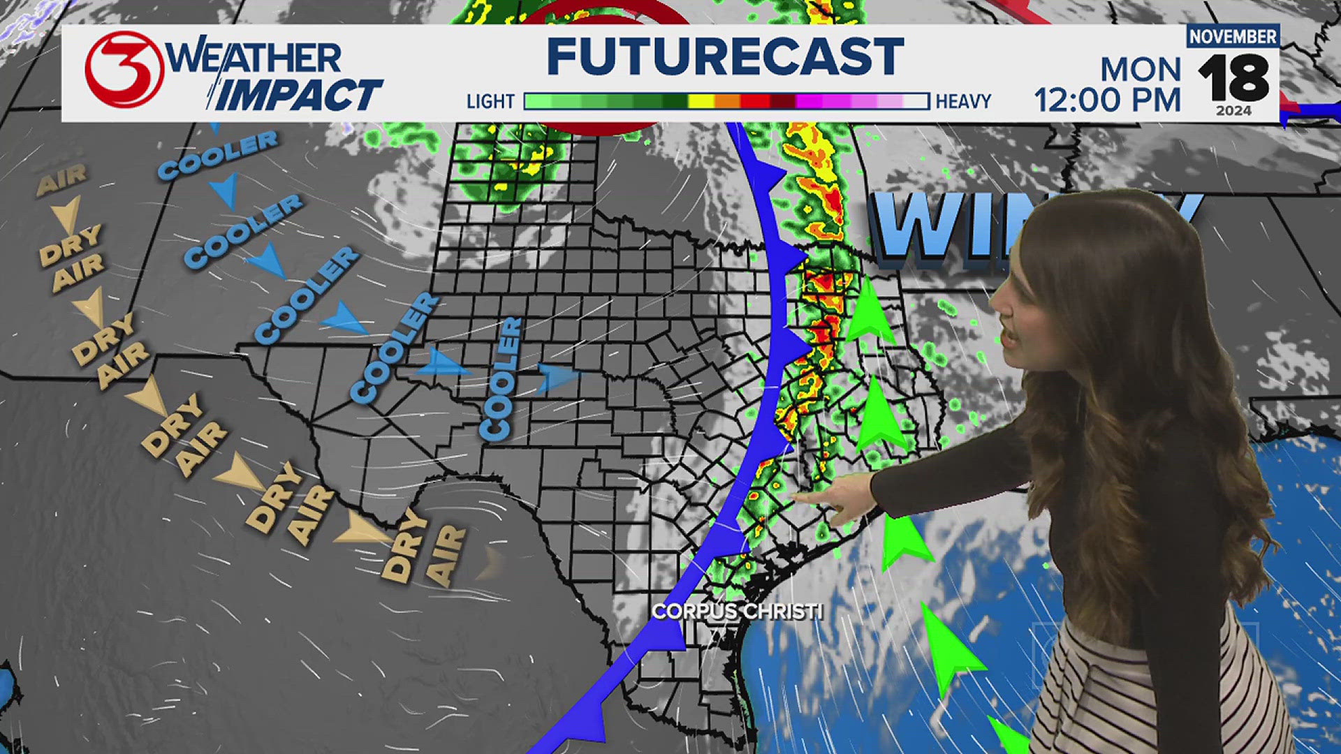 Monday's cold front will also bring a scattered rain chance.