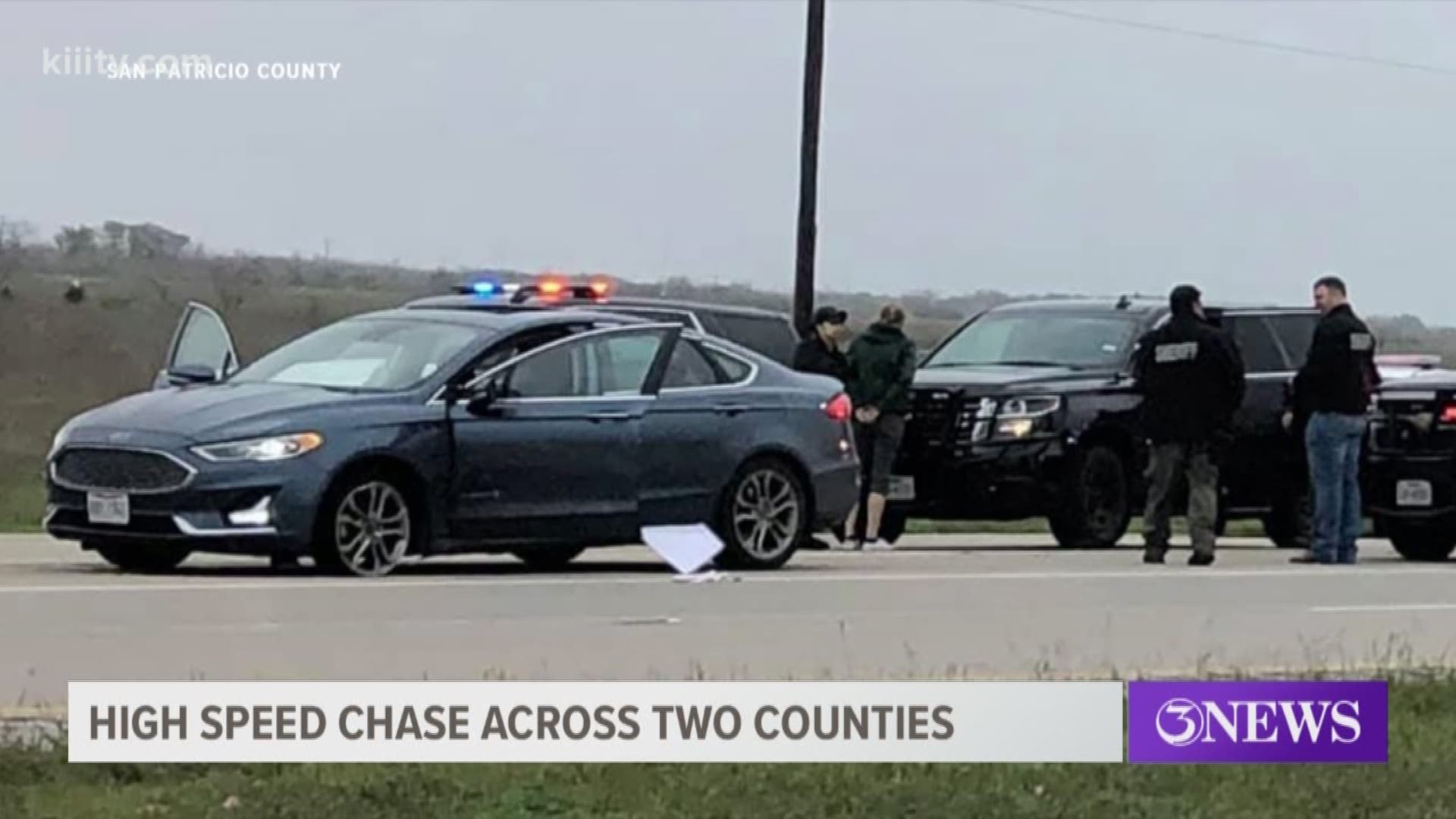 Police say the chase ended after officers were able to deploy a spike strip that brought the Ford sedan to a halt on U.S. 77, north of Sinton.