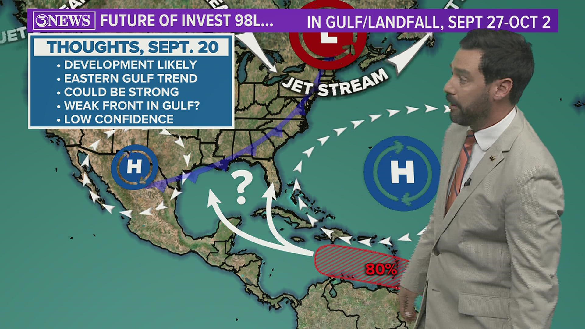 The tropical system to watch in Texas is INVEST 98L in the Atlantic, moving toward the Caribbean. It's possible that system develops & moves into the Gulf next week.