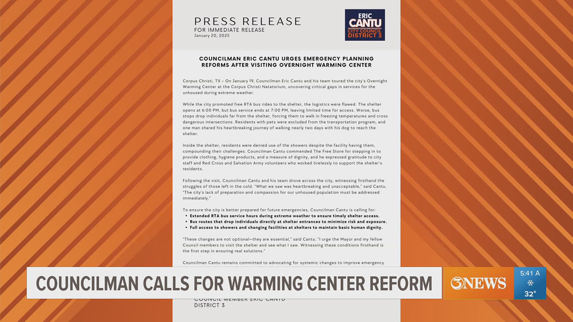 The newly elected Dist. 3 leader is urging emergency planning reform after touring the city's overnight warming shelters. 