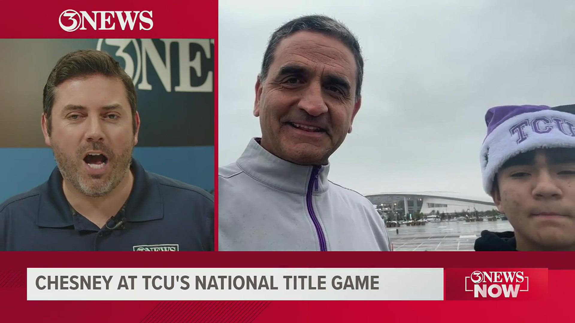 Chris Thomasson talks with Nueces County Commissioner Brent Chesney and his son Gabriel who are out in LA for TCU's national title game against Georgia Monday.