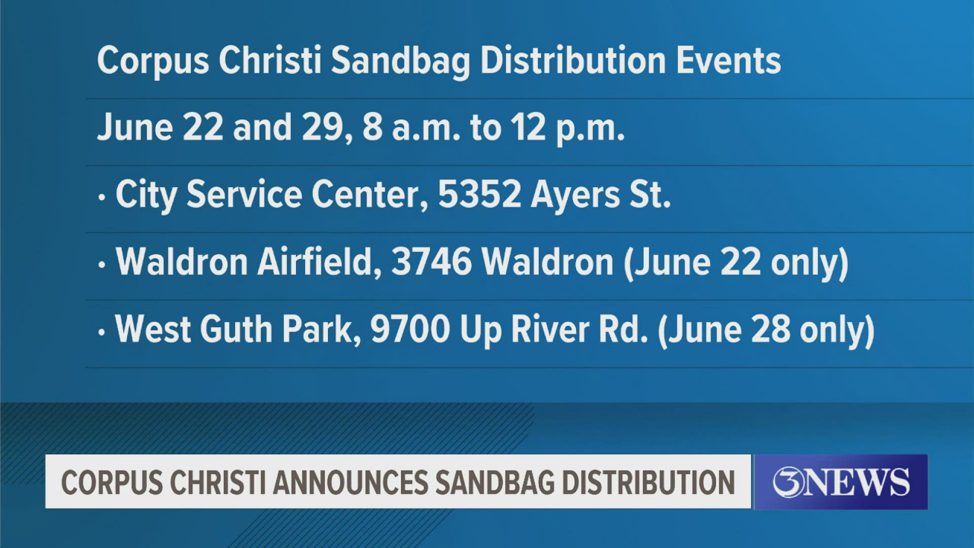 Residents can pick up sandbags from Waldron Airfield on June 22, and West Guth Park on June 29. They will also be available at the City Service Center on both days.