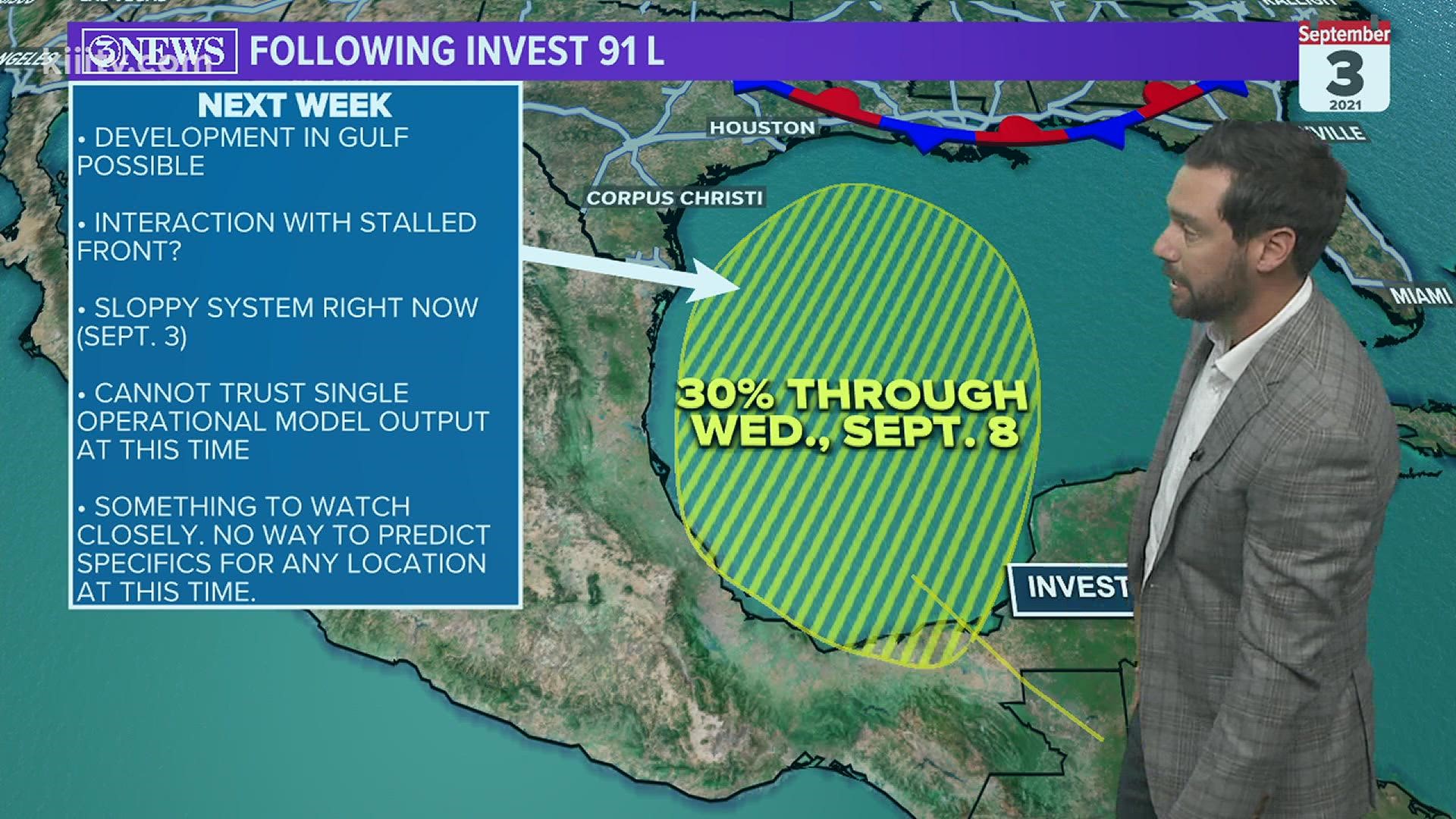 Invest 91L has a 30% chance to develop in the western half of the Gulf of Mexico next week.  Hurricane Larry continues to strengthen in the Atlantic.