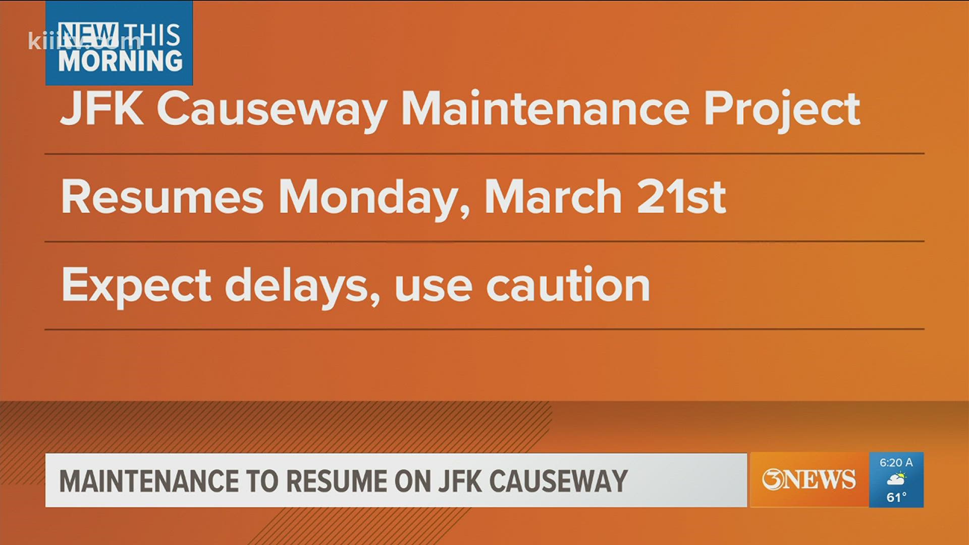 The JFK Causeway Maintenance Project is resuming Monday, March 21st. The bridge will be returning to one travel lane in each direction.