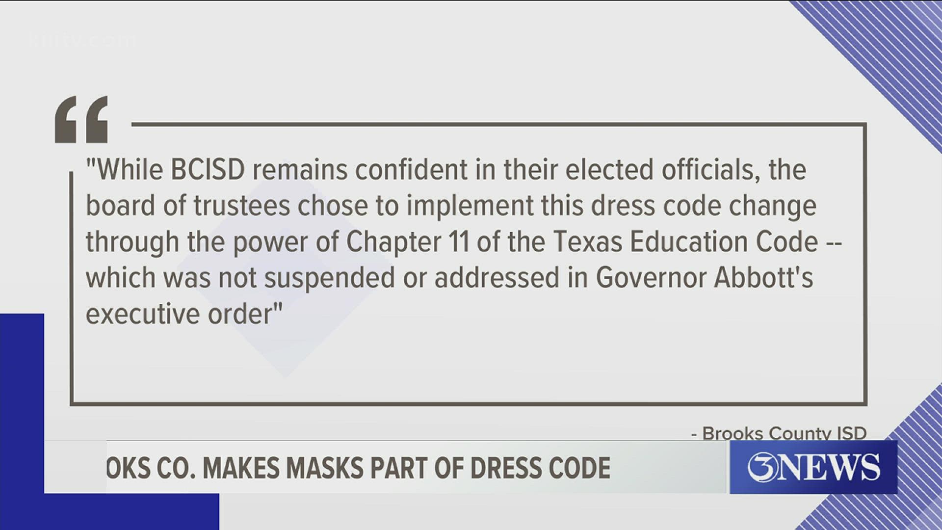 "The board of trustees chose to implement this dress code change through the power of Chapter 11 of the Texas Education Code."