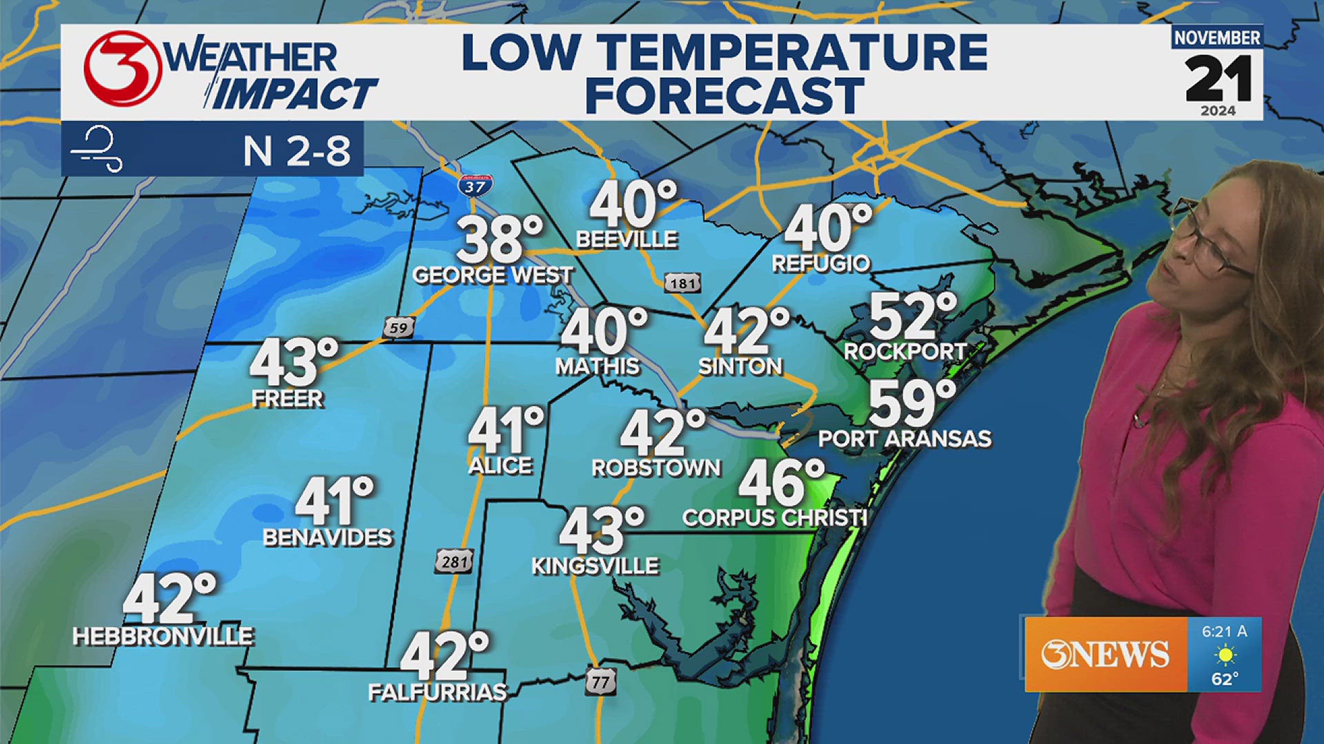 Wednesday afternoon highs are in the 70s. Thursday morning lows will be in the 40s. 