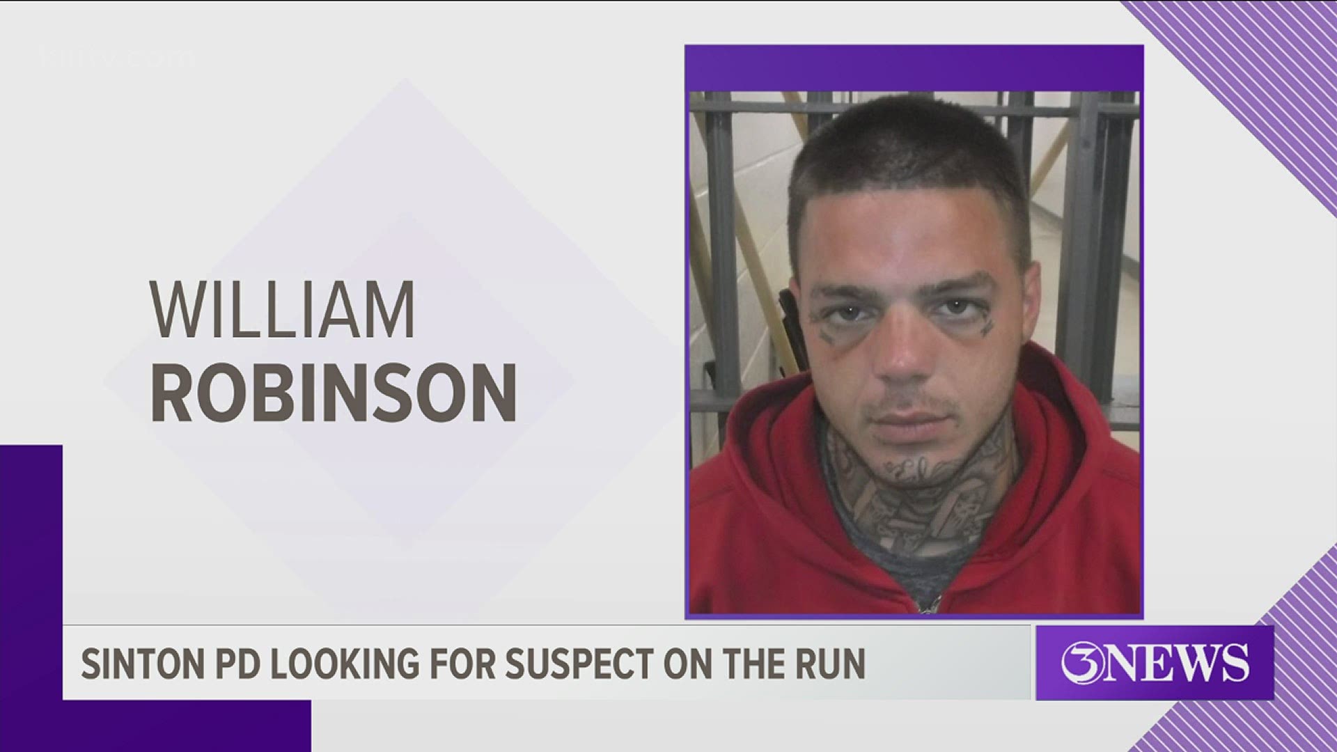 Police say the suspect, 28-year-old William Robinson, was last seen wearing a gray muscle shirt and black pants.