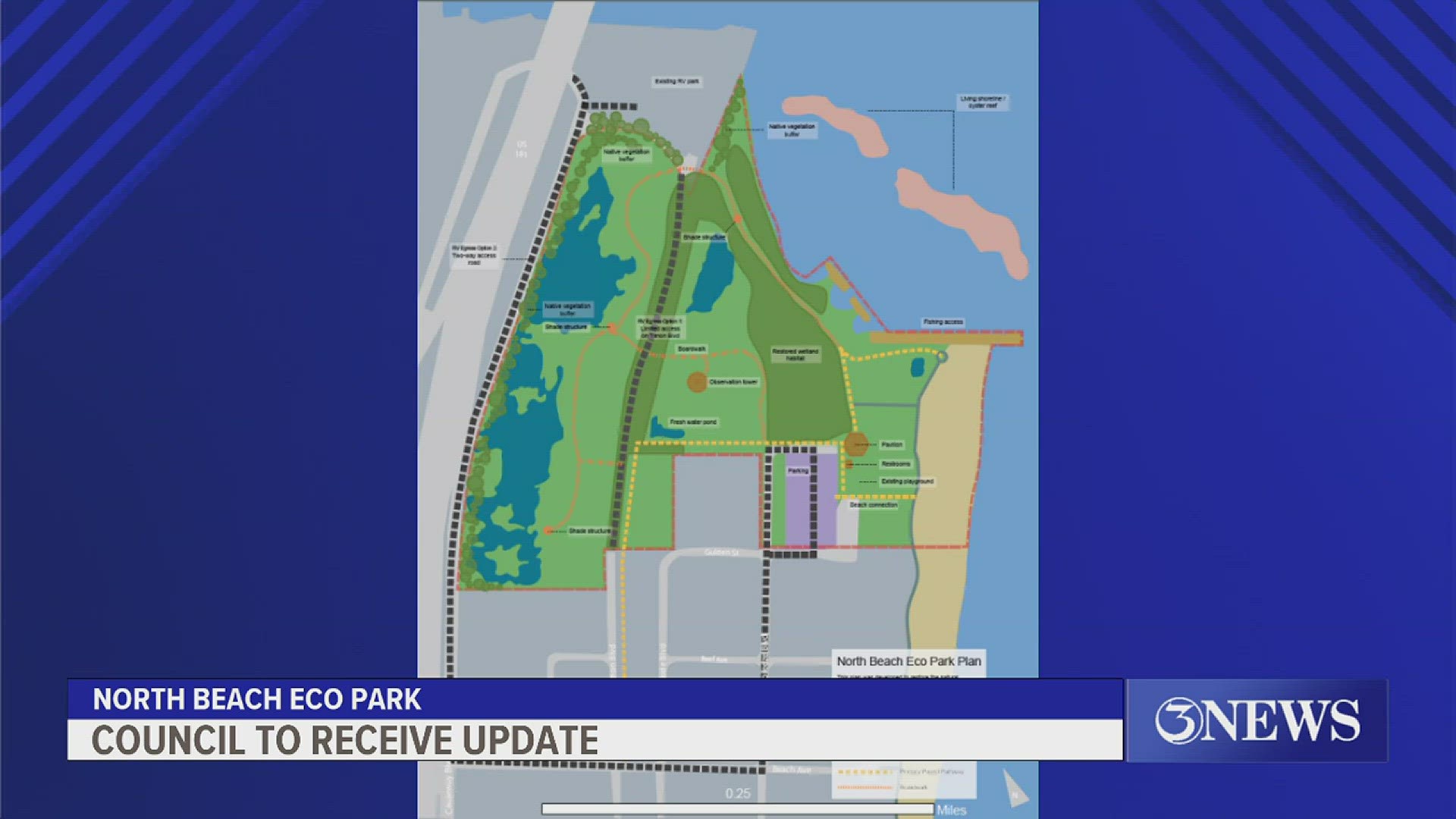 The concept includes restoring wetland habitats, a multipurpose pavilion, boardwalks, shade structures, trails, an observation tower and oyster reefs.