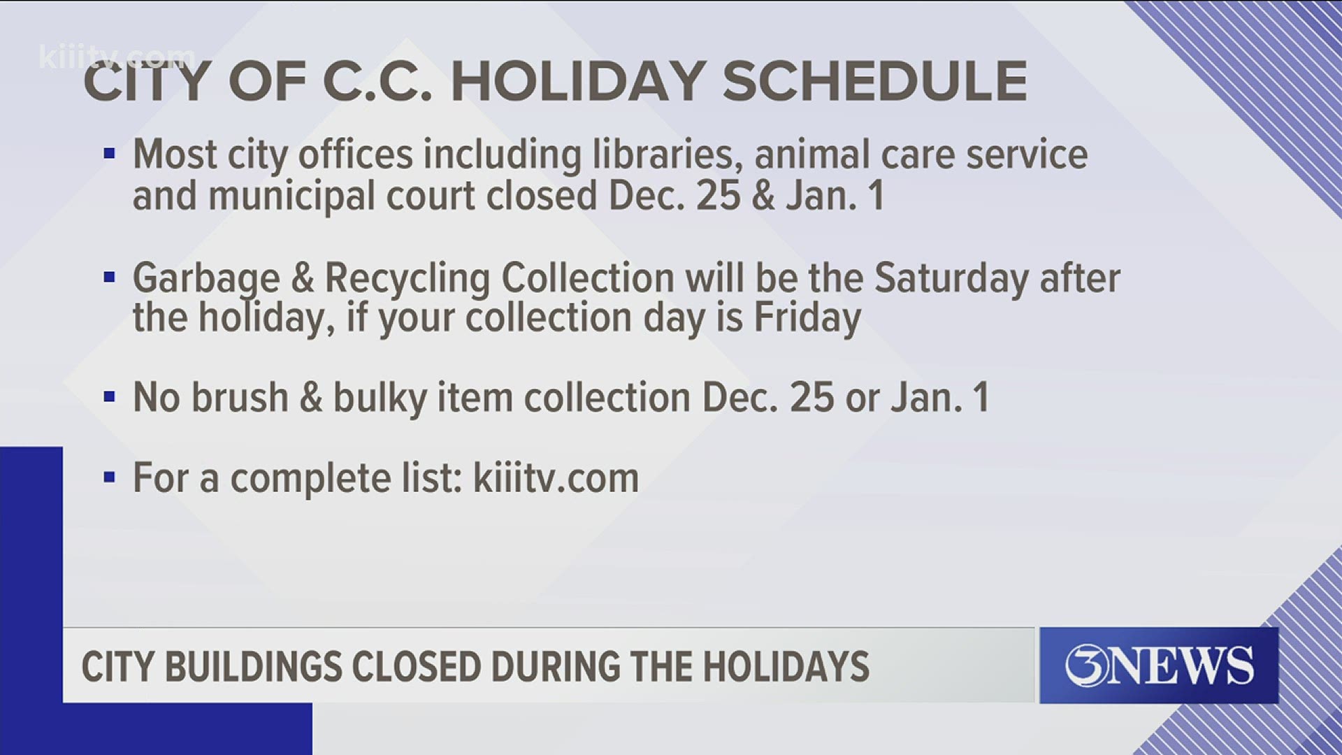 Garbage & Recycling Collection will be the Saturday after the holiday, if your scheduled collection day is Friday.
