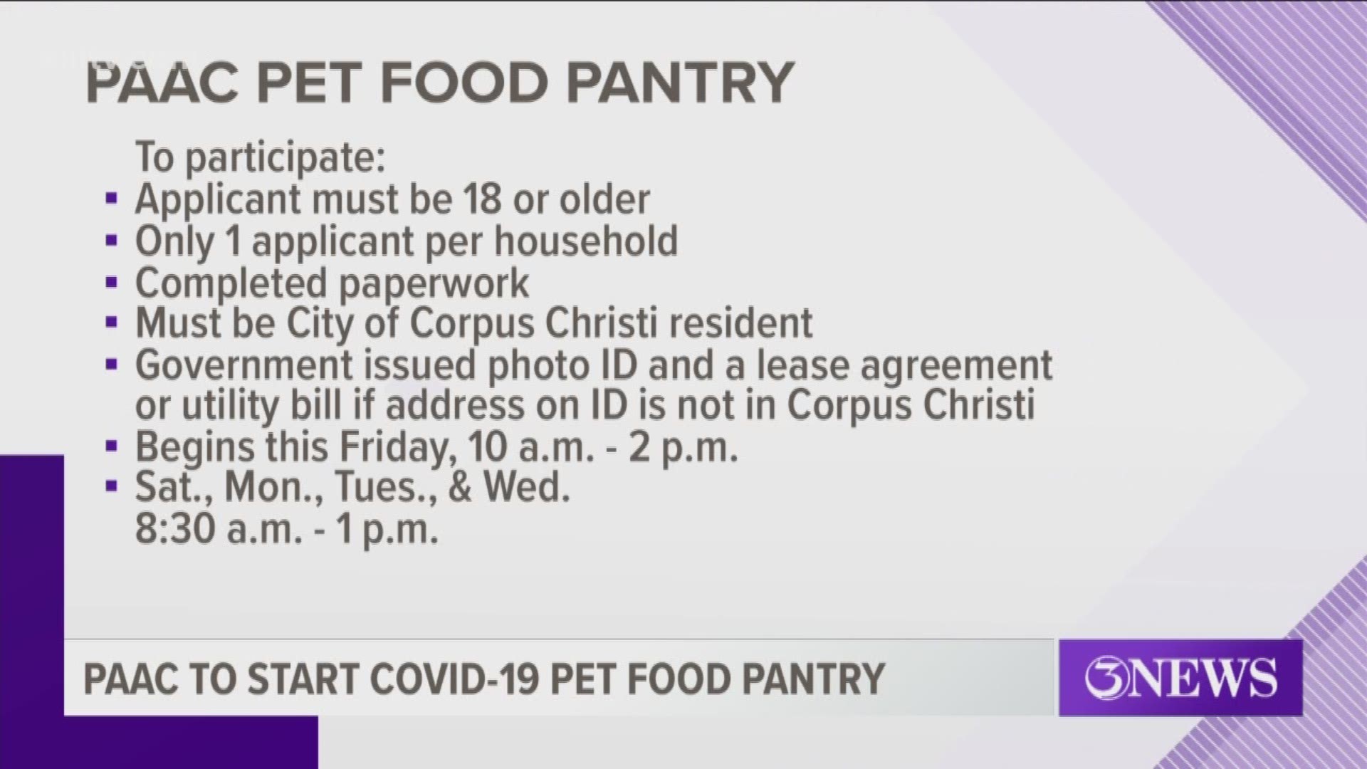 Local animal control agency will be holding a food pantry for those in need of pet food.