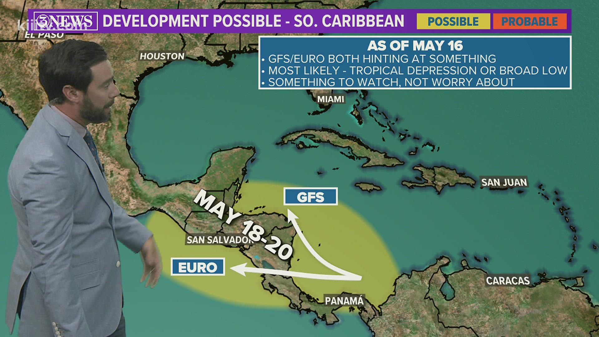 The GFS and European forecast models are hinting at a possible tropical development mid/late next week, May 18-20.