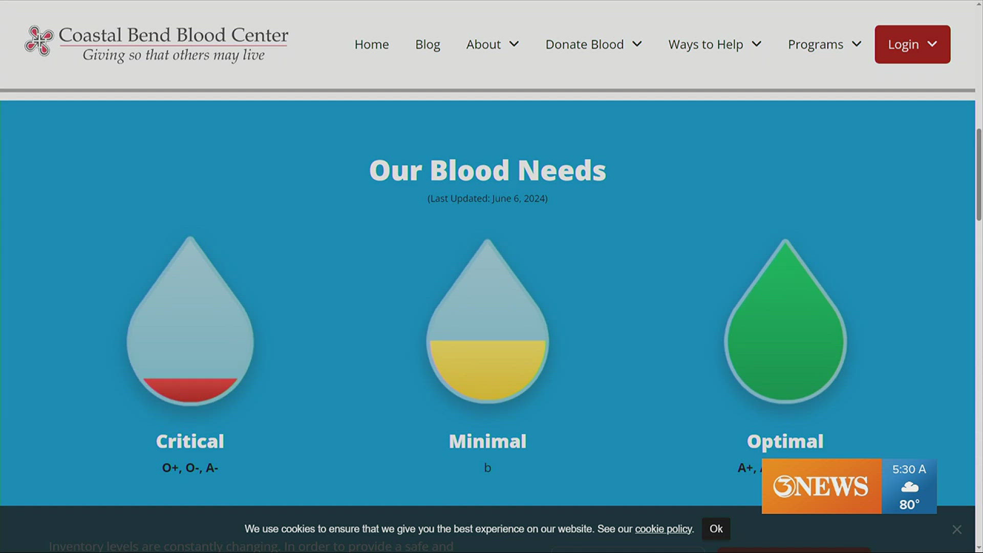 The center has less than a day's supply of Type O blood.